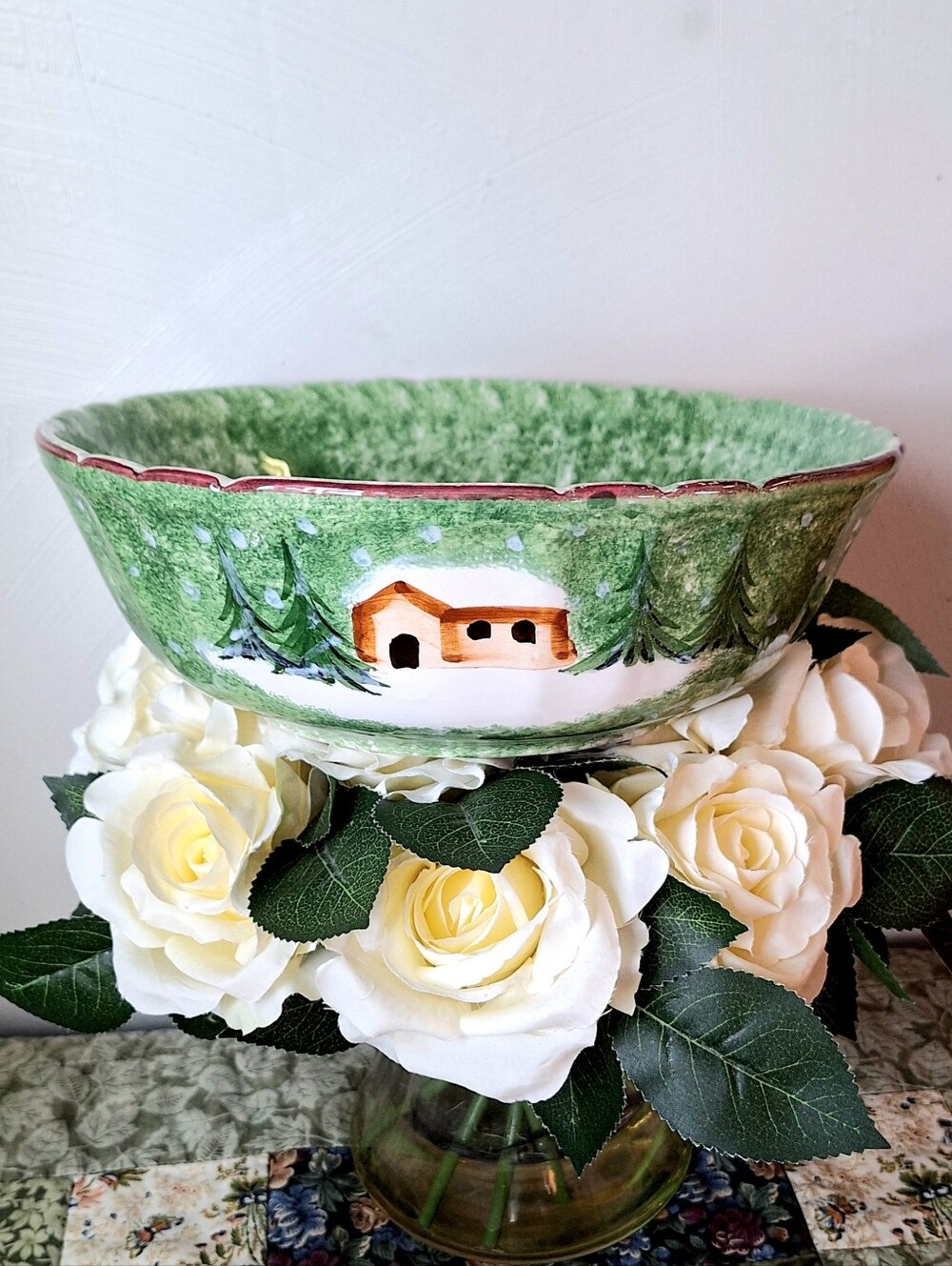 Vintage 1996 The Cellar Log Cabin Christmas Ceramic Serving Bowl-Made In Italy🌲